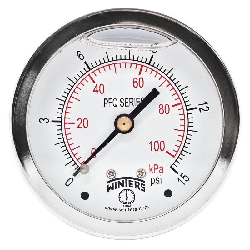 Winters 2-1/2" Dial Size, Liquid Filled Industrial Pressure Gauge, Brass Internals, 304 Stainless Steel Case, Dual Scale 0-15 psi/kPa, 1.5% Acc, 1/4" NPT Back Mount, Glycerin Filled Pressure Gauge